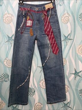 Blue Straight Women's Jeans with Red Accent Tie Detail